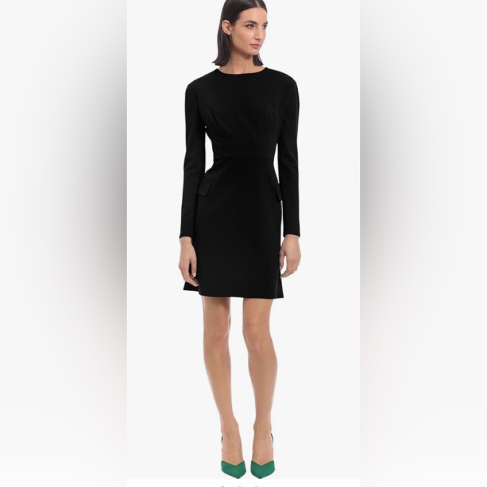 Donna Morgan sheath dress women black long sleeves Sz#4 midi flap pockets front